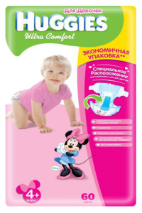 Подгузники Huggies Ultra Comfort Girl №4+ (10-16 кг) 60шт., для девочек