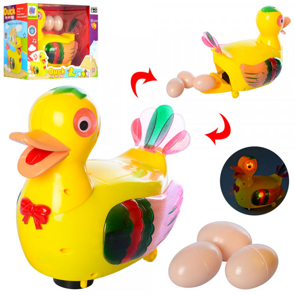 Игрушка детская 20218 Утка, ездит, несет яйца, муз, свет, яйца 3шт., 19х17х13см
