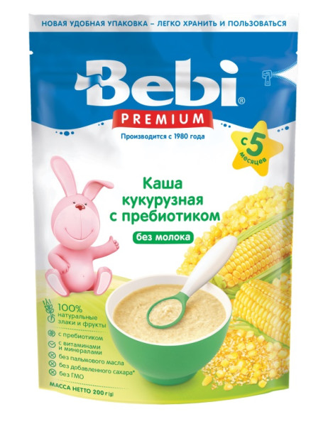 Каша безмолочная Bebi Premium Кукурузная с пребиотиком, 5m+, 200 гр