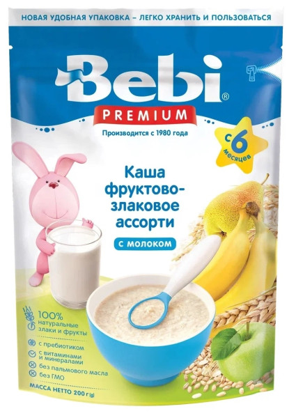 Каша молочная Bebi Premium Фруктово-злаковое ассорти, 6m+, 200 гр.