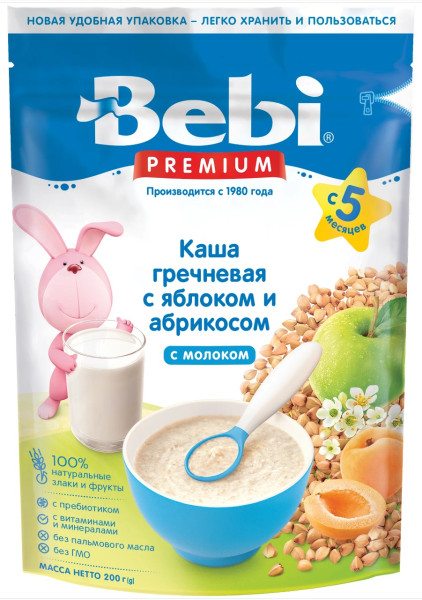 Каша молочная Bebi Premium Гречка-абрикос-яблоко, 5m+, 200 гр.
