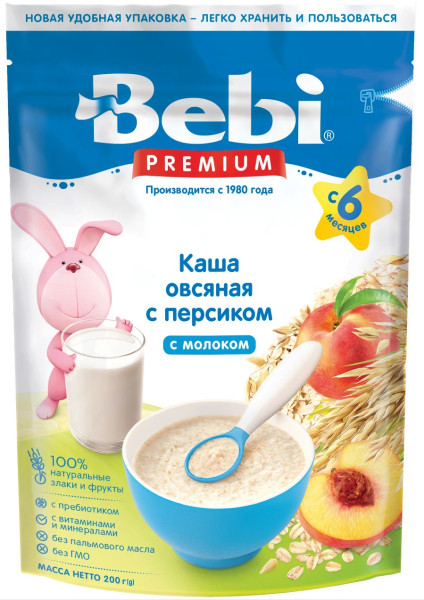 Каша молочная Bebi Premium Овсяная с персиком, 6m+, 200 гр.