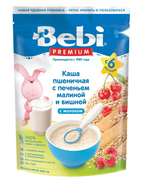 Каша молочная Bebi Premium Пшеничная с печеньем Малина-вишня, для полдника, 6m+, 200 гр.