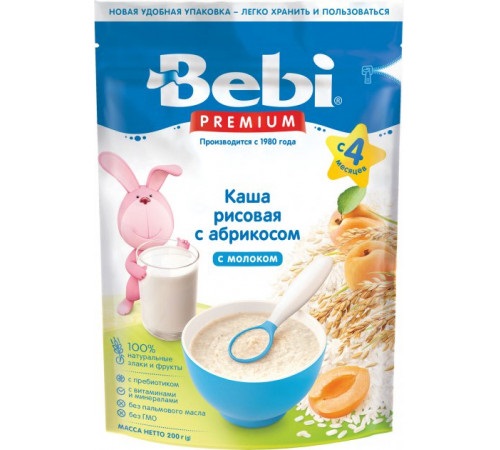 Каша молочная Bebi Premium Рисовая с абрикосом, 4m+, 200 гр.