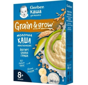 Каша молочная Gerber Мультизлаковая, с йогуртом, бананом и грушей, 8m+, 240 гр