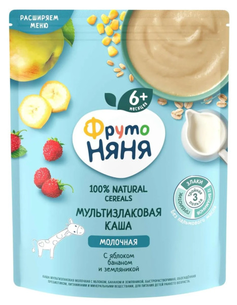 Каша молочная ФрутоНяня Мультизлаковая с яблоком, бананом и земляникой, 6m+, 200гр