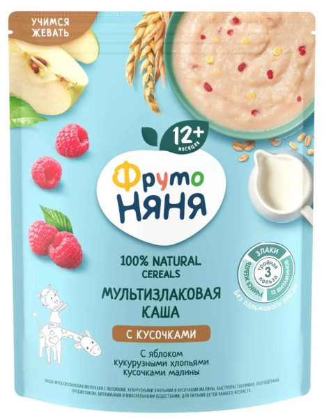 Каша молочная ФрутоНяня Мультизлаковая с яблоком, кукурузными хлопьями и малиной, 12m+, 200гр