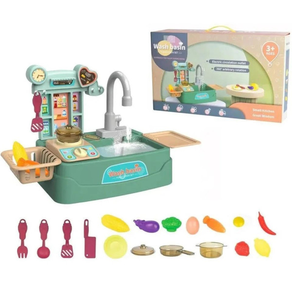 Игровой набор детской Кухни Wash basin, льется вода, на батарейках, 17 предметов