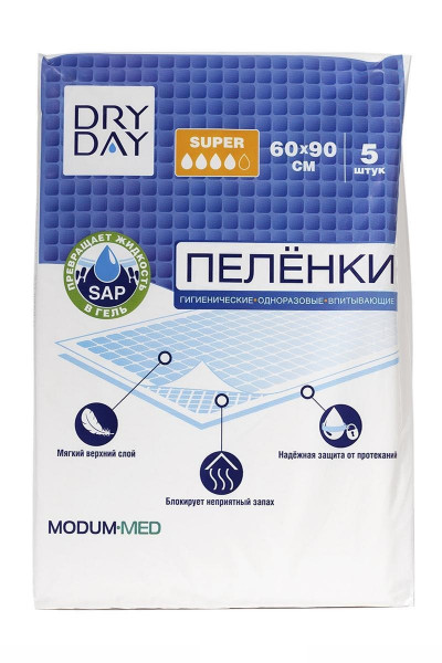 Одноразовые пеленки Modum Dry Day Super (60х90 см), 4 капли, 5 шт