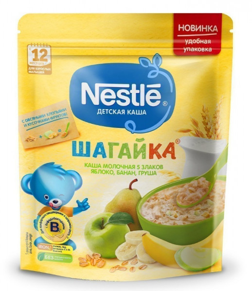 Каша молочная Nestle(Россия) Шагайка 5 злаков с яблоком-грушей-бананом, 12m+, 200 гр