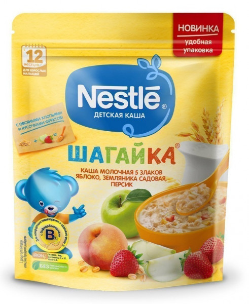 Каша молочная Nestle(Россия) Шагайка 5 злаков с яблоком-земляникой-персиком, 12m+, 200 гр
