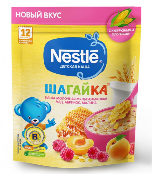 Каша молочная Nestle(Россия) Шагайка Мультизлаковая с медом-абрикосом-малиной, 12m+, 190 гр