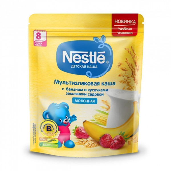 Каша молочная Nestle(Россия) мультизлаковая 5 злаков, с бананом и кусочками земляники бифидо, 8m+, 200 гр