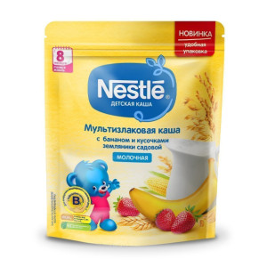 Каша молочная Nestle(Россия) мультизлаковая 5 злаков, с бананом и кусочками земляники бифидо, 8m+, 200 гр