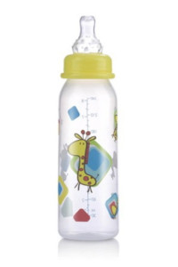 Бутылочка для кормления Nuby, с рисунком, стандартное горло, соска - непроливайка 1-2-3 поток, полипропилен, 240 мл