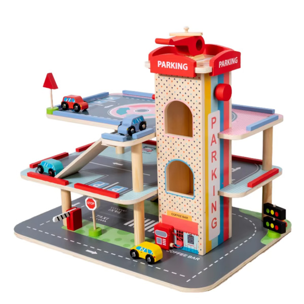 Парковка игрушечная Parking 3 этажа, деревянная, с машинками