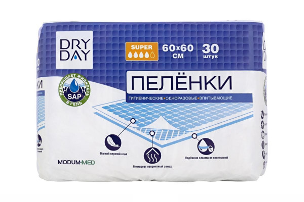 Одноразовые пеленки Modum Dry Day Super (60х60 см), 4 капли, 30шт