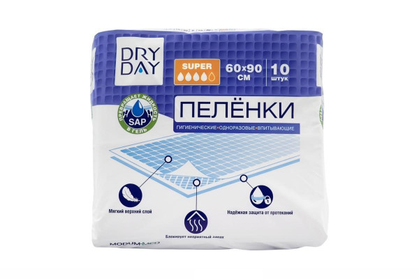 Одноразовые пеленки Modum Dry Day Super (60х90 см), 4 капли, 10шт