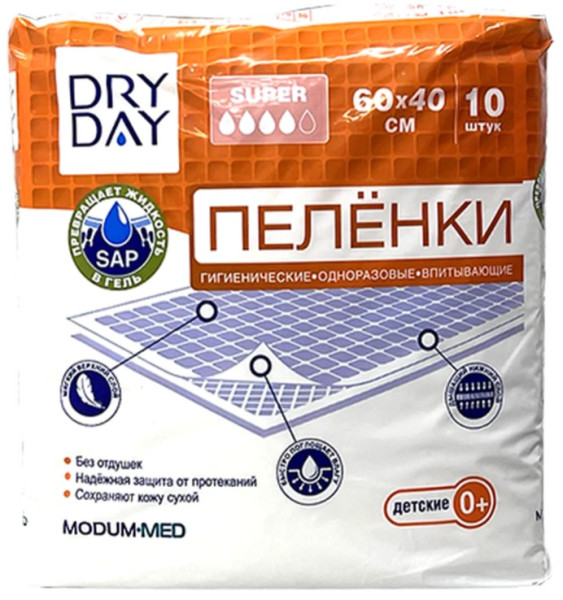 Одноразовые пеленки Modum Dry Day Super (60х40 см), 4 капли, 10шт.