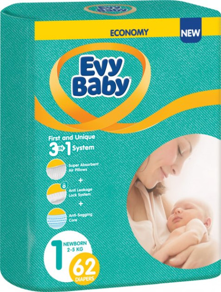 Подгузники Evy Baby Newborn №1 (2-5 кг), 62 шт.