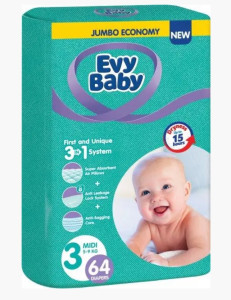 Подгузники Evy Baby Midi Jumbo №3 (5-9 кг), 64 шт