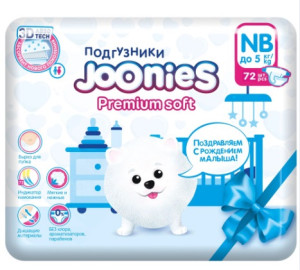 Подгузники Joonies Premium Soft NB (0-5кг), 72шт.