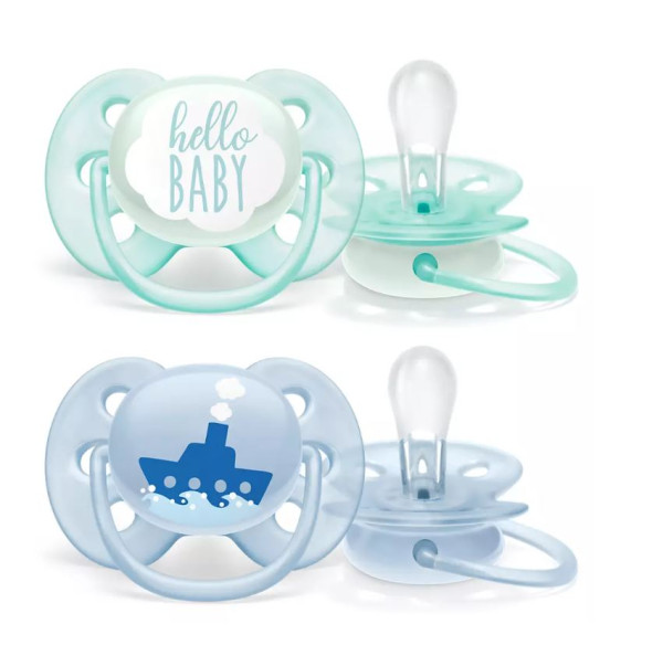 Пустышка Philips AVENT Ultra Soft Hello baby, ультрамягкая, для мальчика, 0-6m, 2шт.