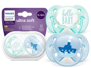 Пустышка Philips AVENT Ultra Soft Hello baby, ультрамягкая, для мальчика, 0-6m, 2шт.