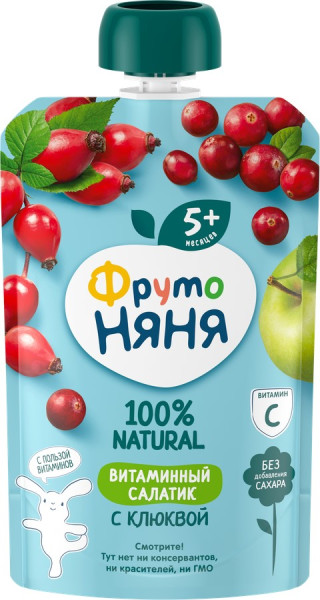 Пюре ФрутоНяня Витаминный салатик: яблоко-шиповник-клюква, 5m+, 90гр