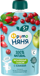 Пюре ФрутоНяня Витаминный салатик: яблоко-шиповник-клюква, 5m+, 90гр