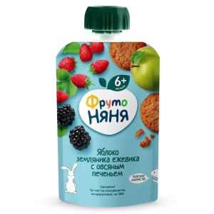 Пюре ФрутоНяня Яблоко-земляника-ежевика с овсяным печеньем, 6m+, 90гр