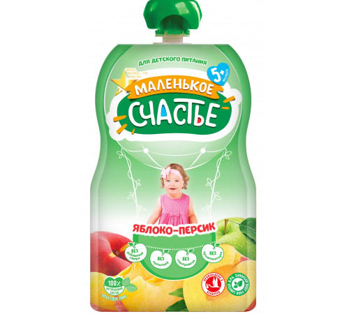Пюре детское Маленькое счастье Яблоко и персик, мягкая упаковка, 5m+, 90гр