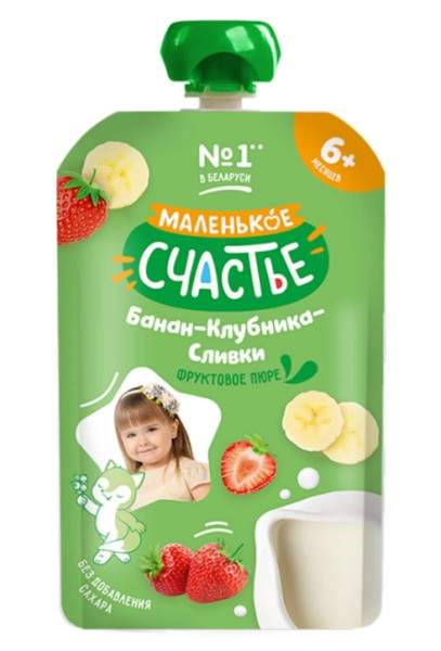 Пюре Маленькое счастье Банан-клубника-сливки, 6m+, 90гр