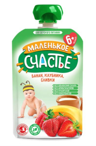 Пюре Маленькое счастье Банан-клубника-сливки, 6m+, 90гр