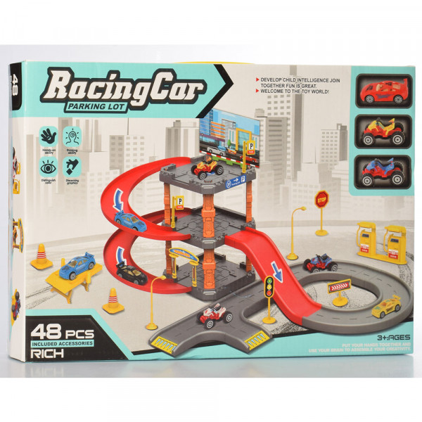 Гараж 3-этажный Racing Car P3032, с транспортом и дорожными знаками, 48 деталей