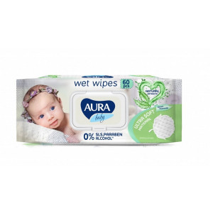 Влажные салфетки Aura Baby, с клапаном, 60 шт.