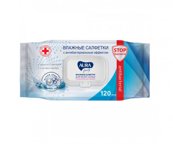 Влажные салфетки Aura Family, антибактериальные, с клапаном, 120 шт.