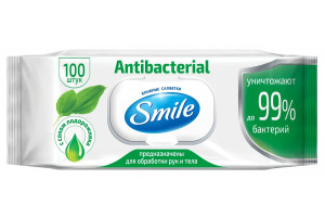 Салфетки влажные Smile антибактериальные, с клапаном, 100шт.
