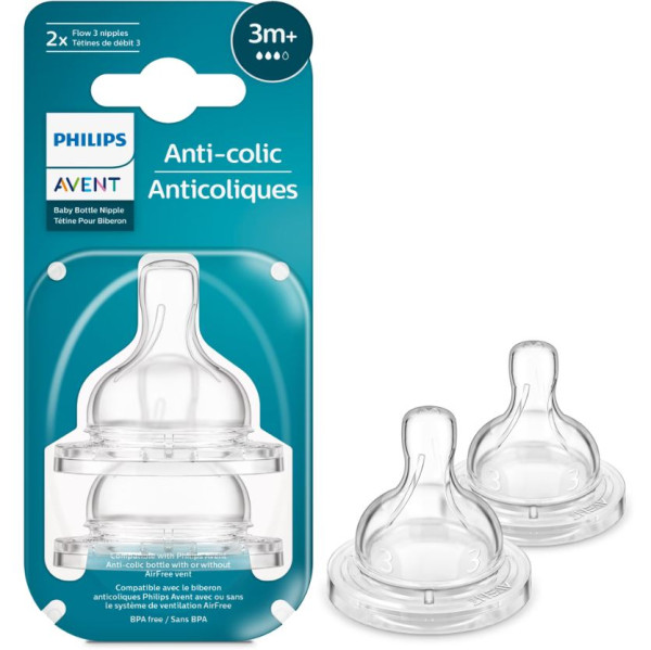Соска силиконовая для бутылочки AVENT Anti-Colic SCY763/02, средний поток, 3m+, 2шт