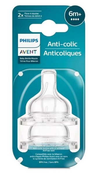 Соска силиконовая для бутылочки AVENT Anti-Colic SCY764/02, быстрый поток, 6m+, 2шт