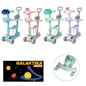 Самокат Tilly GS-0079/1, трехколесный, с корзинкой, сиденьем, родительской ручкой и бампером, дополнительные колеса