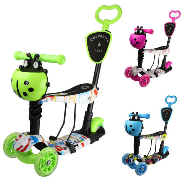 Самокат Tilly BT-KS-0131, трехколесный с сиденьем, багажной корзиной и родительской ручкой