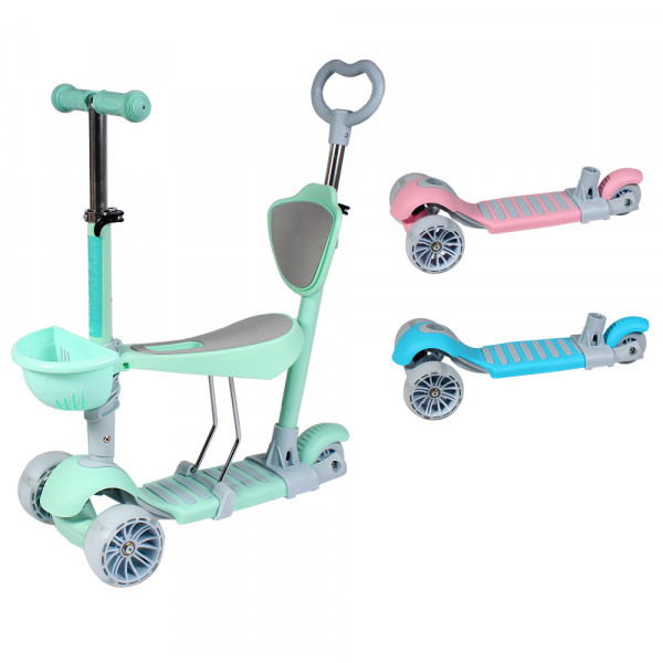 Самокат Tilly GS-0019, трехколесный, с сиденьем, родительской ручкой и корзинкой