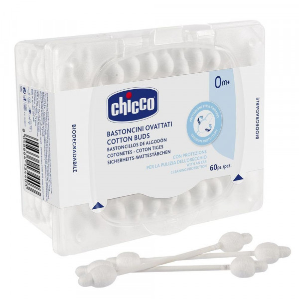 Ватные палочки Chicco, с ограничителем, безопасные, ушные, 60 шт.