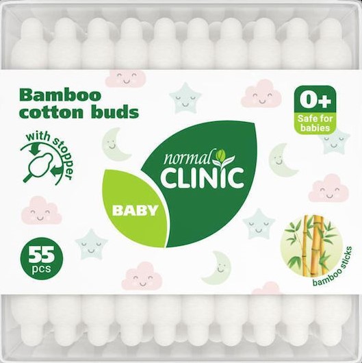 Ватные палочки Clinic Baby Normal Bamboo, с ограничителем, 55шт