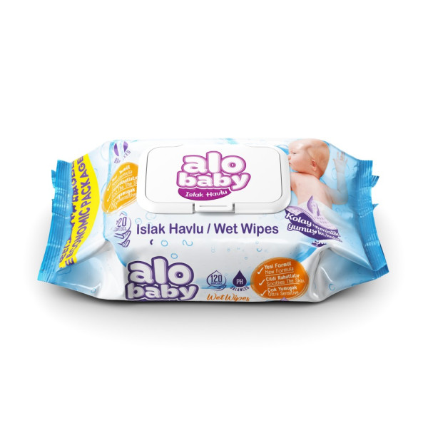 Влажные салфетки Alo baby, детские, с клапаном, 120шт