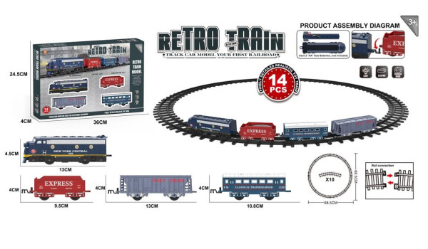 Железная дорога Retro Train, поезд со светом, 14 элементов