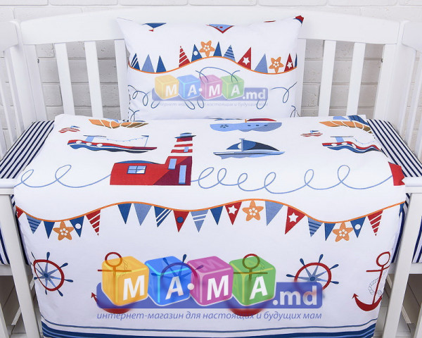 Сменный комплект пододеяльник и наволочка ASIK, Домик на берегу, синяя полоска на белом, 2 эл.