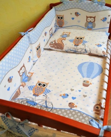 Детское постельное белье ASIK Совы, серо-голубой, постельный комплект в детскую кроватку: 8 элементов