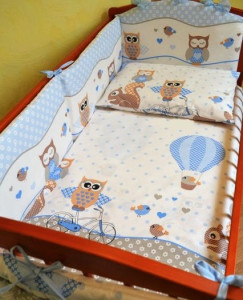 Детское постельное белье ASIK Совы, серо-голубой, постельный комплект в детскую кроватку: 8 элементов